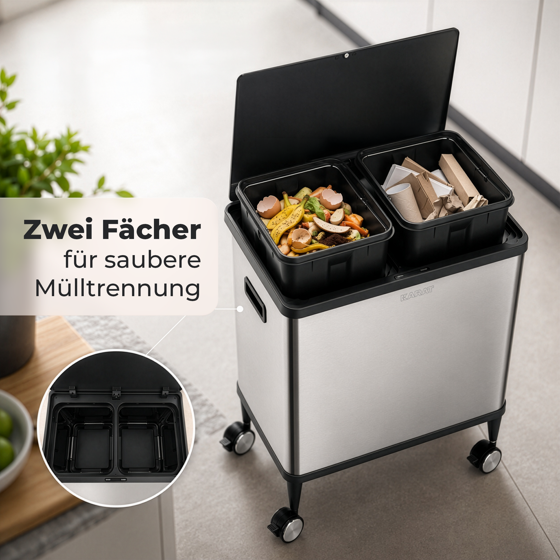 Mülleimer | Tyler | Sensor-Abfalleimer aus Edelstahl | 2 × 24 L Mülltrennung | Rollen mit Bremsen