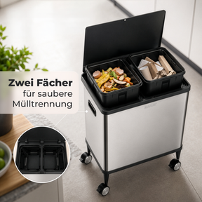 Mülleimer | Tyler | Sensor-Abfalleimer aus Edelstahl | 2 × 24 L Mülltrennung | Rollen mit Bremsen