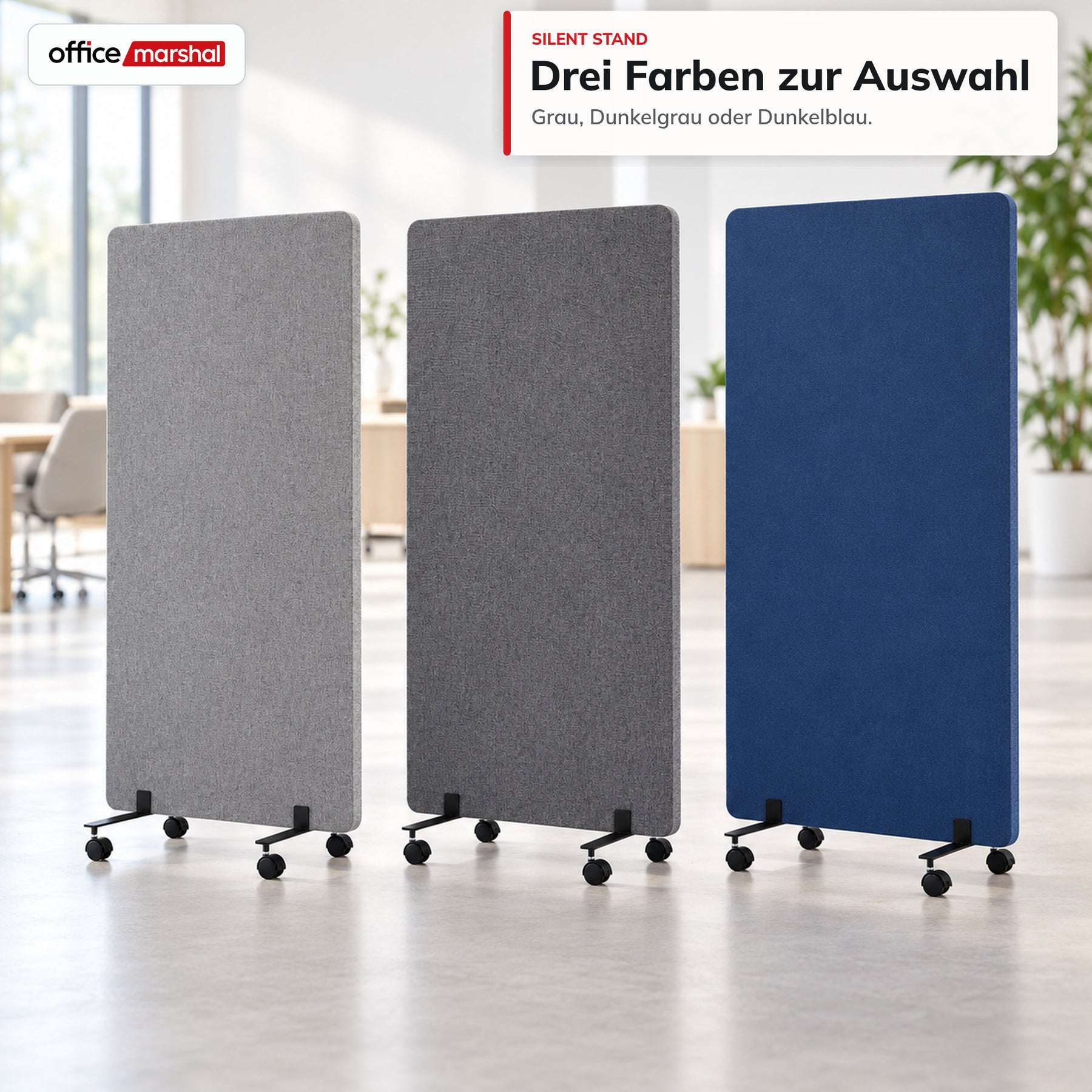 Akustik-Stellwand auf Rollen | Silent Stand | Mobiler Raumteiler aus Polyester mit Sichtschutz | 3 Größen
