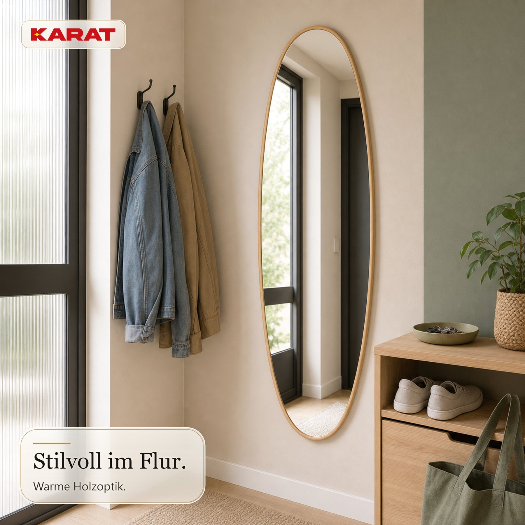 Ganzkörperspiegel | Nina | Organischer Wandspiegel mit Aluminiumrahmen in Holzoptik | 65 × 150 cm