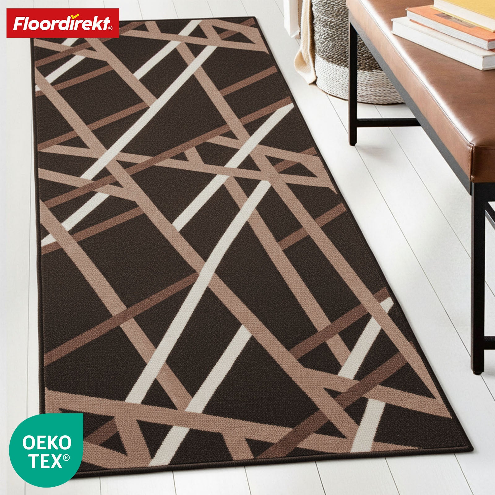 Teppichläufer | Printed | In Anthrazit & Braun | Moderner Läufer mit Streifen-Design & rutschhemmender Gel-Rückseite