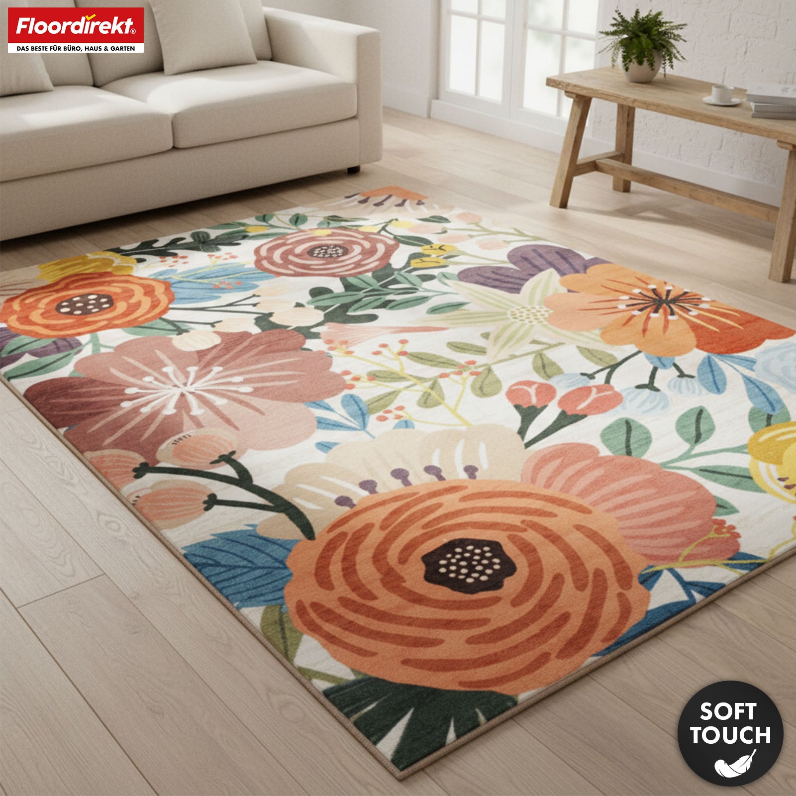 Wohnteppich | Fleur | Moderner Teppich mit farbenfrohem Blumen-Design | Rutschfest, strapazierfähig & pflegeleicht | Verschiedene Größen verfügbar