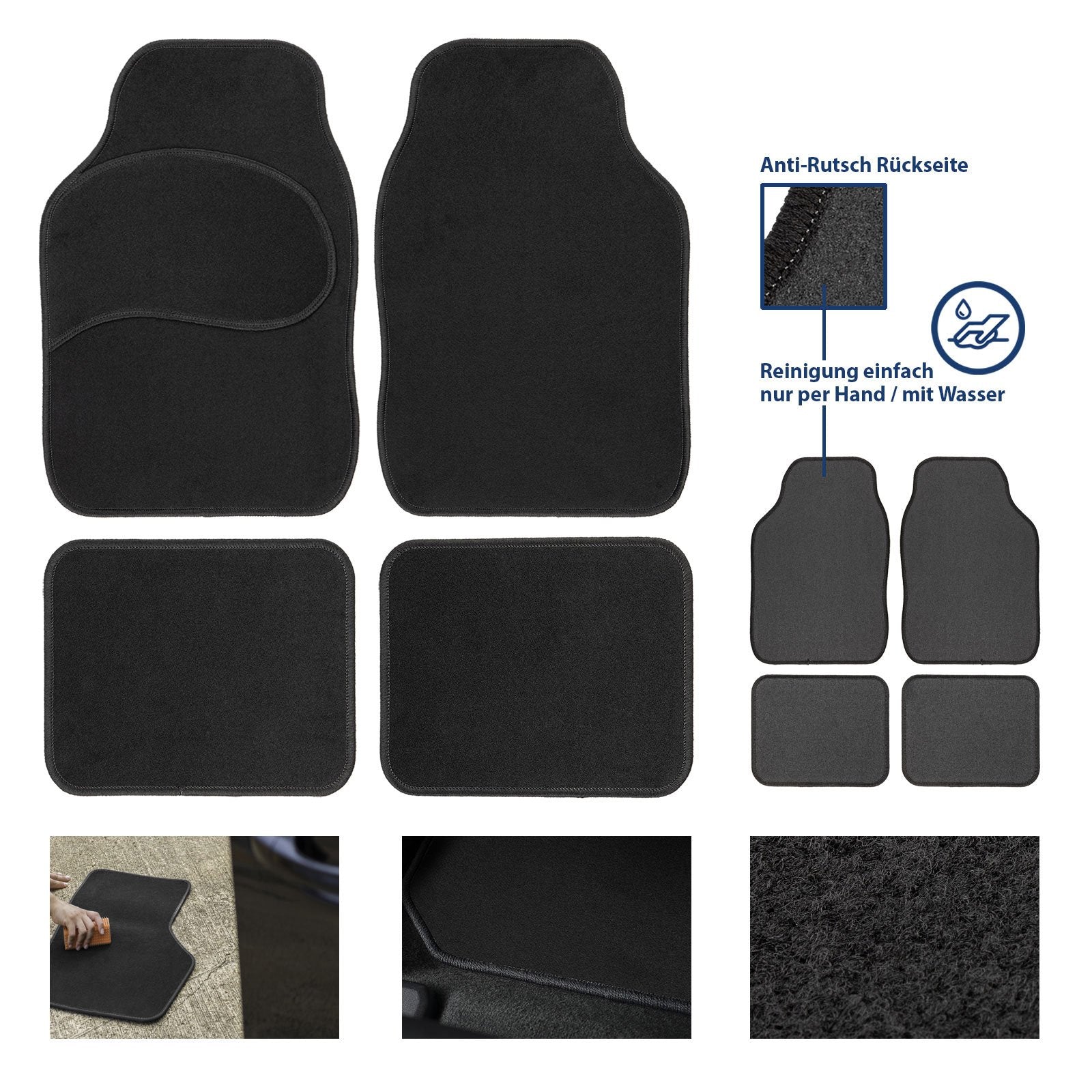 Auto-Teppich Premium Velours 12mm, waschbare Universal-Fußmatten 4-teilig  schwarz, Auto-Teppich Premium Velours 12mm, waschbare Universal-Fußmatten  4-teilig schwarz, Universal Textil Fußmatten, Textil Fußmatten, Automatten & Teppiche